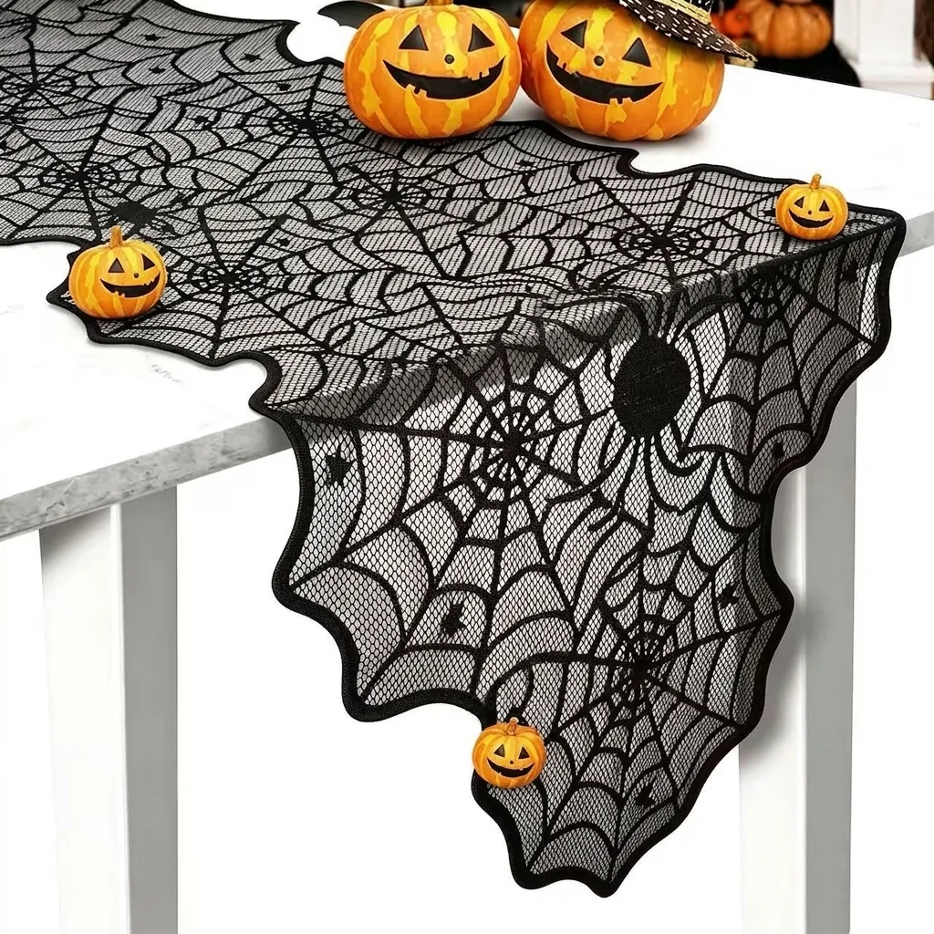 Chemin de Table Halloween Toile d'Araignée Noir Dentelle Gothique Nappe Décor pour Fête Effrayante Maison Salle à Manger