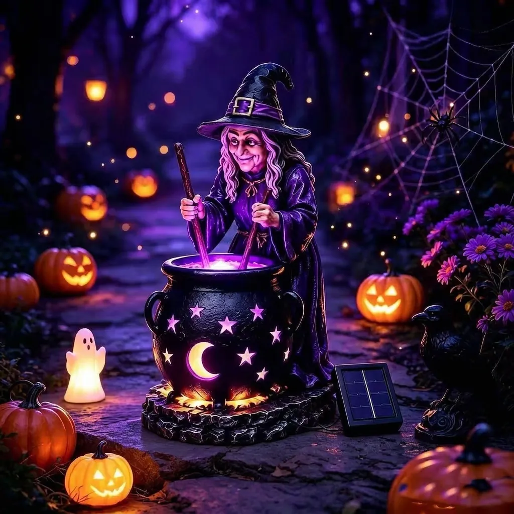 Statua Della Strega del Sole Lampada da Giardino di Halloween Scultura in Resina a Energia Solare Decorazione da Prato All'aperto Strega Magica per Feste