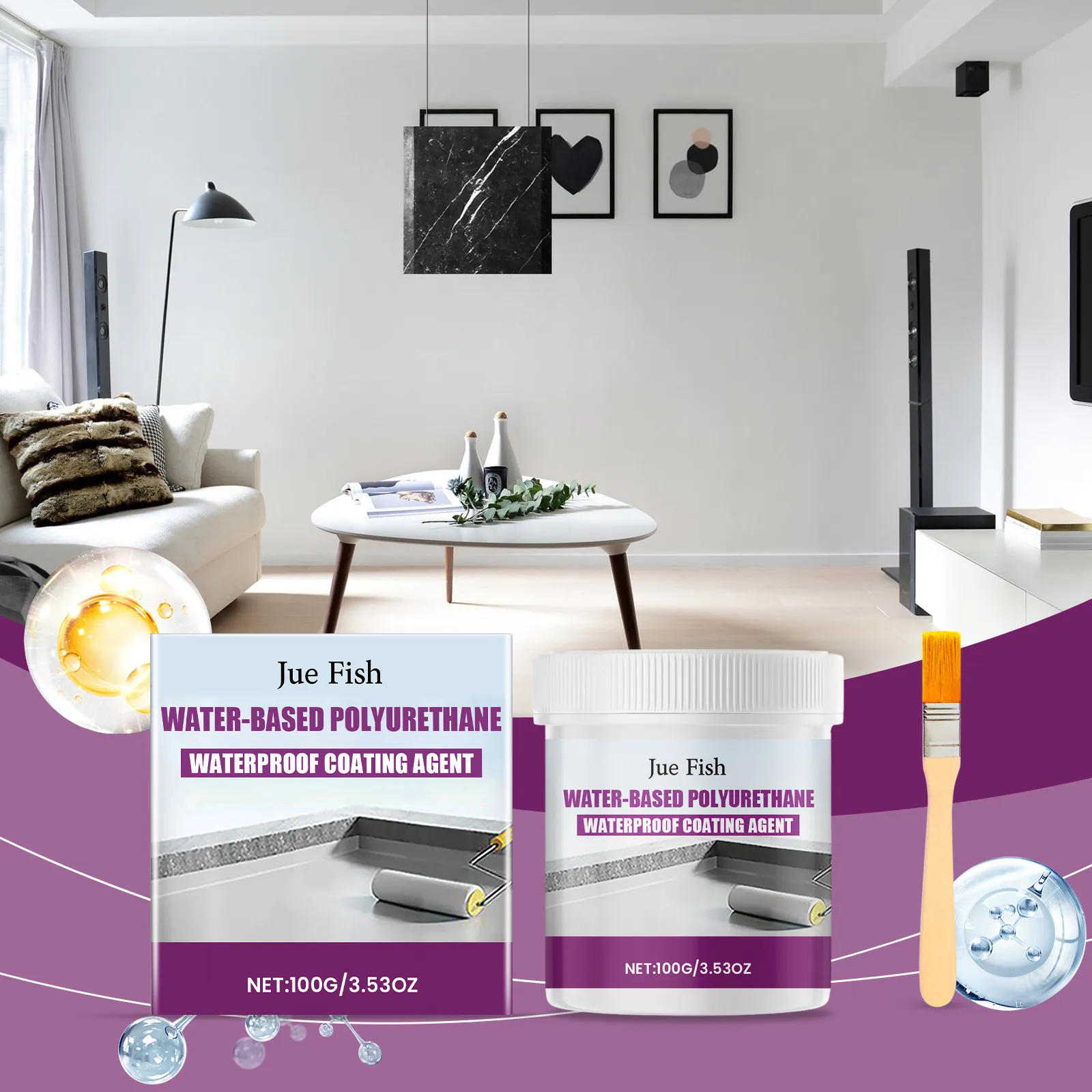 Jue Fish Water-Based Polyurethane Waterproof Coating Agent Invisible Waterproof Glue Transparent Sealant For Roof Bathroom Tiles Floor Leakage Repair Kit With Brush 100g