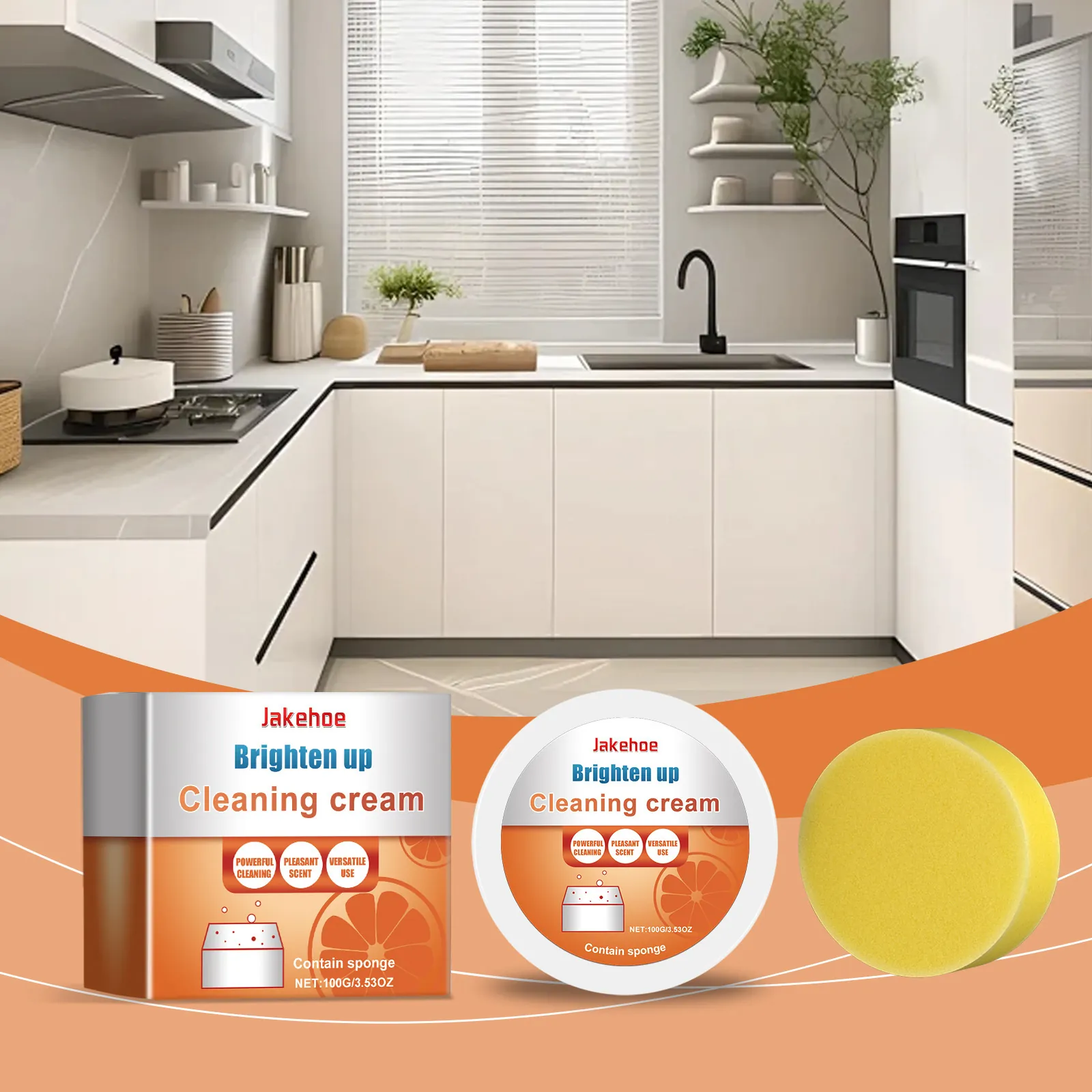 Jakehoe Brighten Multi-purpose Cleaning Cream With Sponge For Kitchen Range Hood Bathroom Sink Shoe Stain Remover