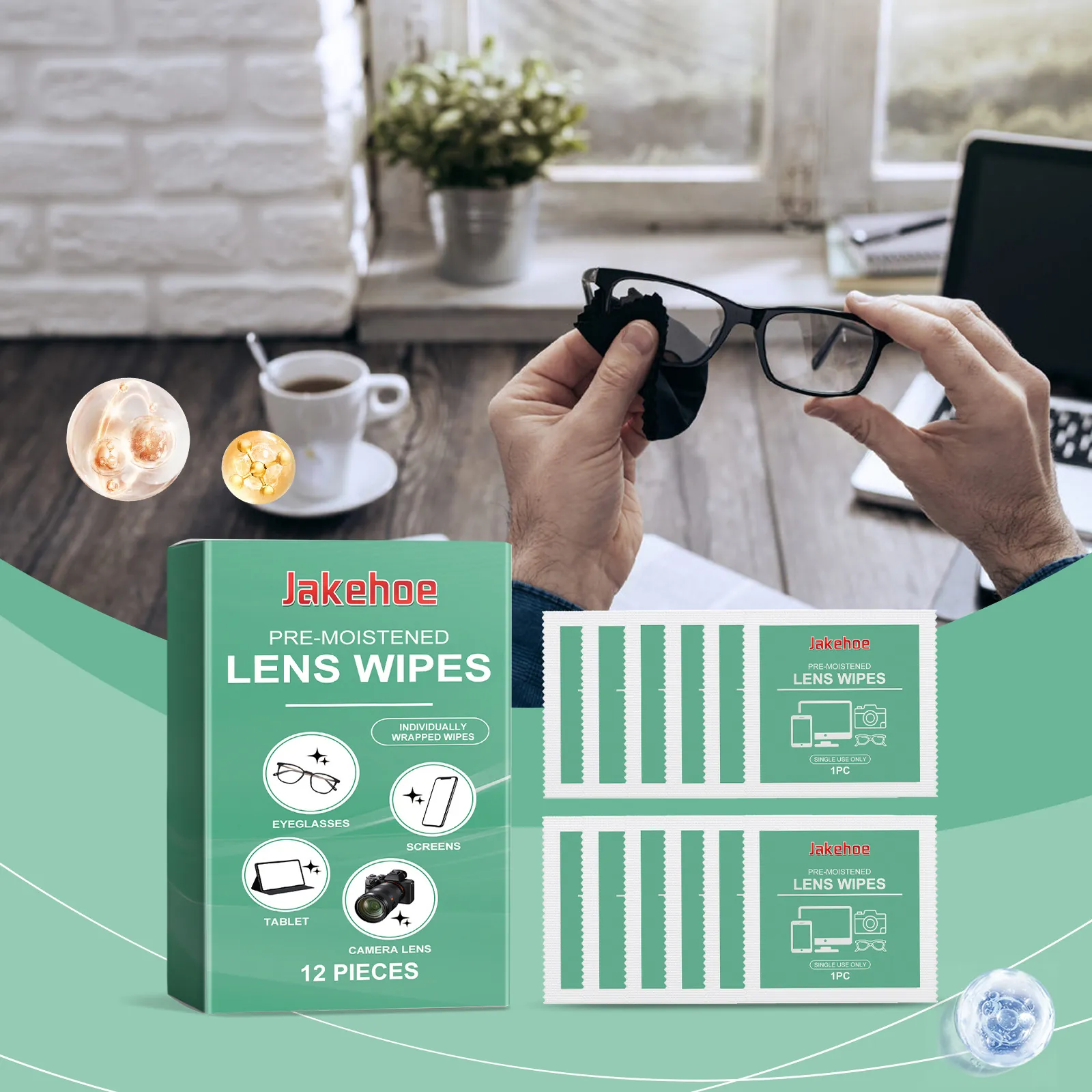 Jakehoe Lingettes de Nettoyage pour Verres Pré-humidifiées Emballage Individuel Nettoyant Écran Jetable pour Lunettes Objectifs Caméra