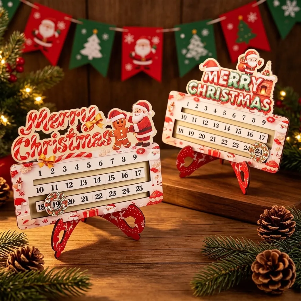 Wooden Christmas Countdown Calendar Tabletop Ornament Santa Snowman Reusable Calendar For Home Desktop Party Decor Gift