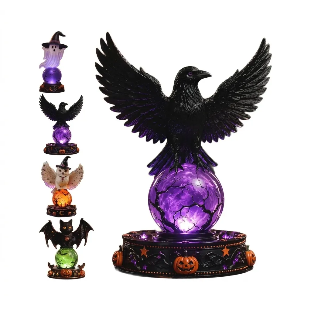 Luz LED de Bola de Cristal de Cuervo de Halloween Adorno de Relieve de Resina Sintética Fantasma Murciélago Búho Decoración