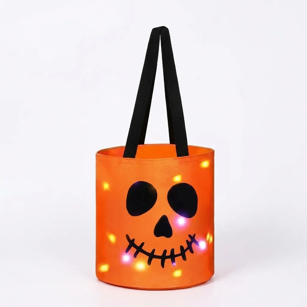 Halloween LED Light Up Candy Bucket Resin Pumpkin Skull Cat Pattern Portable Trick Or Treat Bag Party Decoration Ornament
