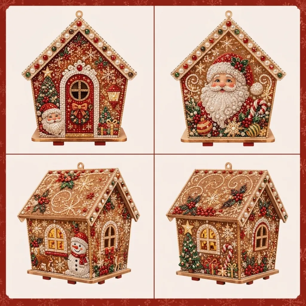 Plymagic DIY Pearl Art Christmas Collection Wooden House Kit Handmade Rhinestone Artificial Pearl Holiday Desktop Ornament