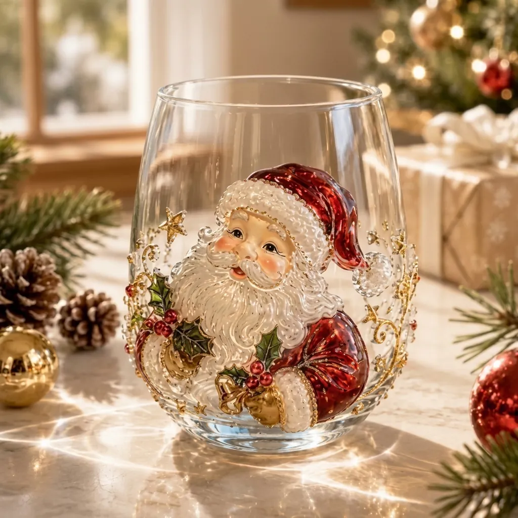 Copa de Vidrio Artística de Navidad Hecha a Mano Relieve 3D Pintada Papá Noel Reno Copa de Vino Cristalería Artística en Forma de Huevo Regalo