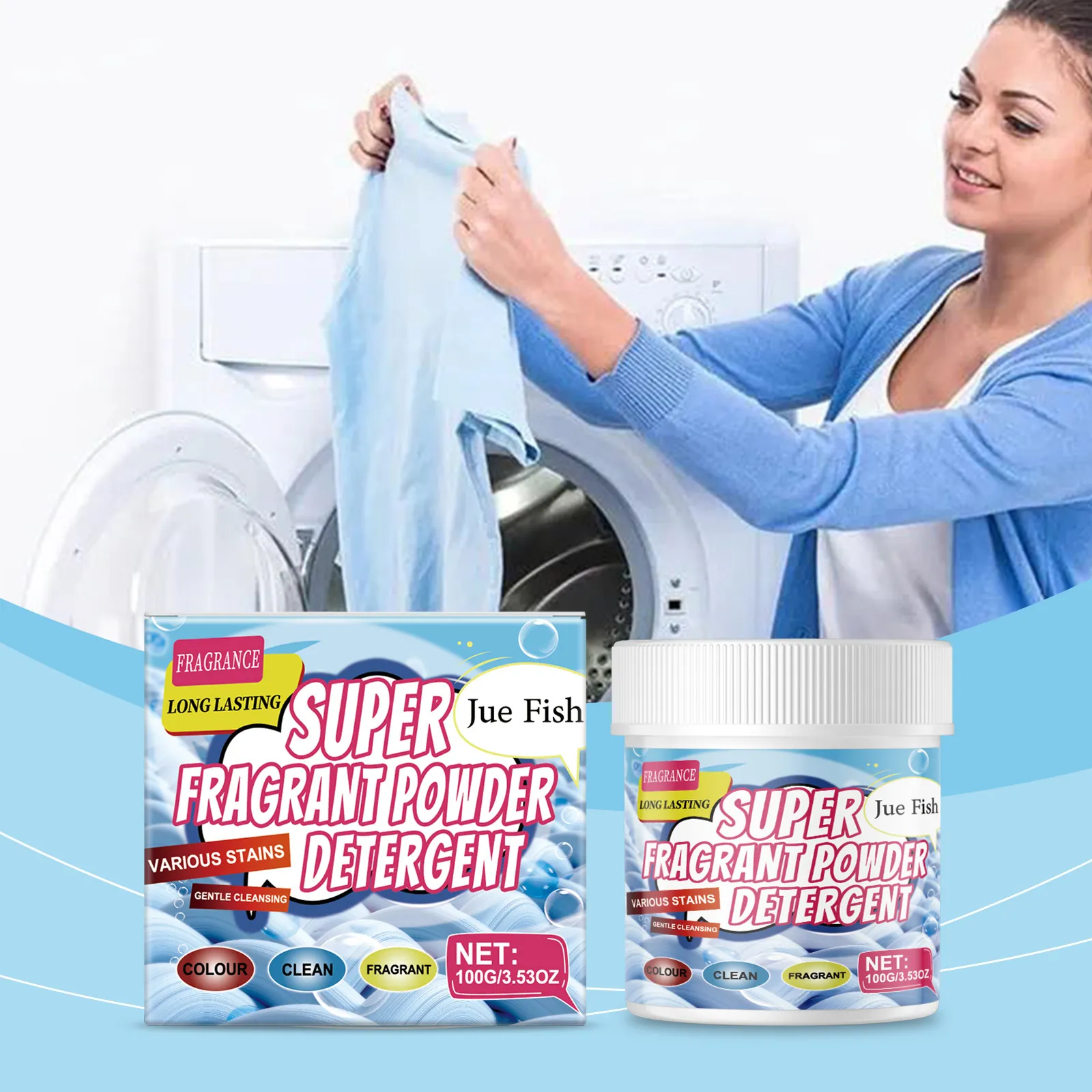 JUE FISH Super Fragrant Laundry Powder Strong Stain Removal Color Protection Deep Cleaning Deodorizing Detergent Powder Clothing Care