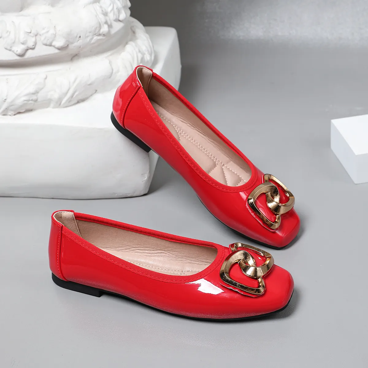 Women Patent Leather Ballet Flats Square Toe Soft Sole Loafers with Gold Metal Buckle Versatile Shallow Mouth Flat Shoes