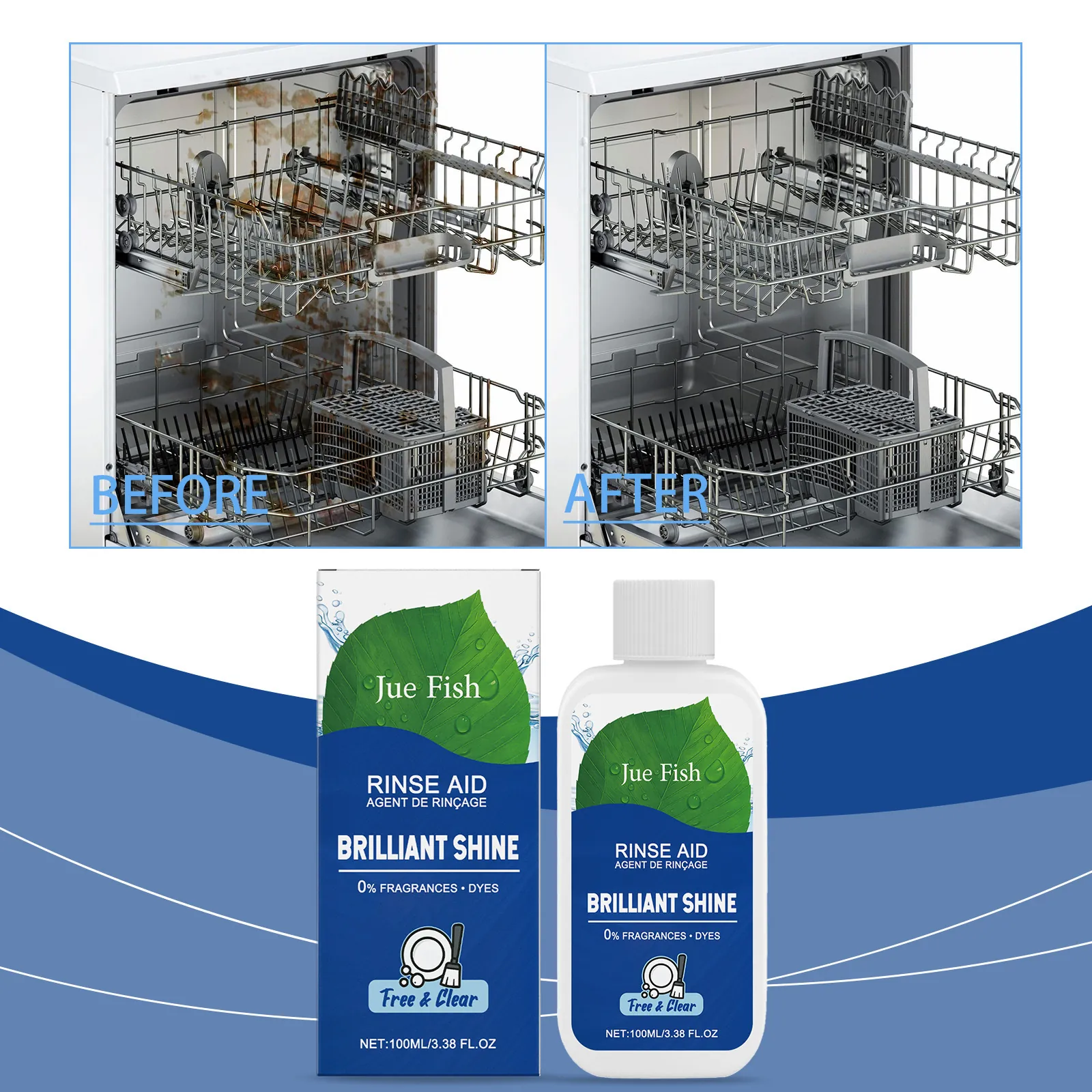 Jue Fish Dishwasher Rinse Aid Liquid Cleaner Brilliant Shine Scale Removal Fragrance Dyes Free Kitchen Cleaning Agent