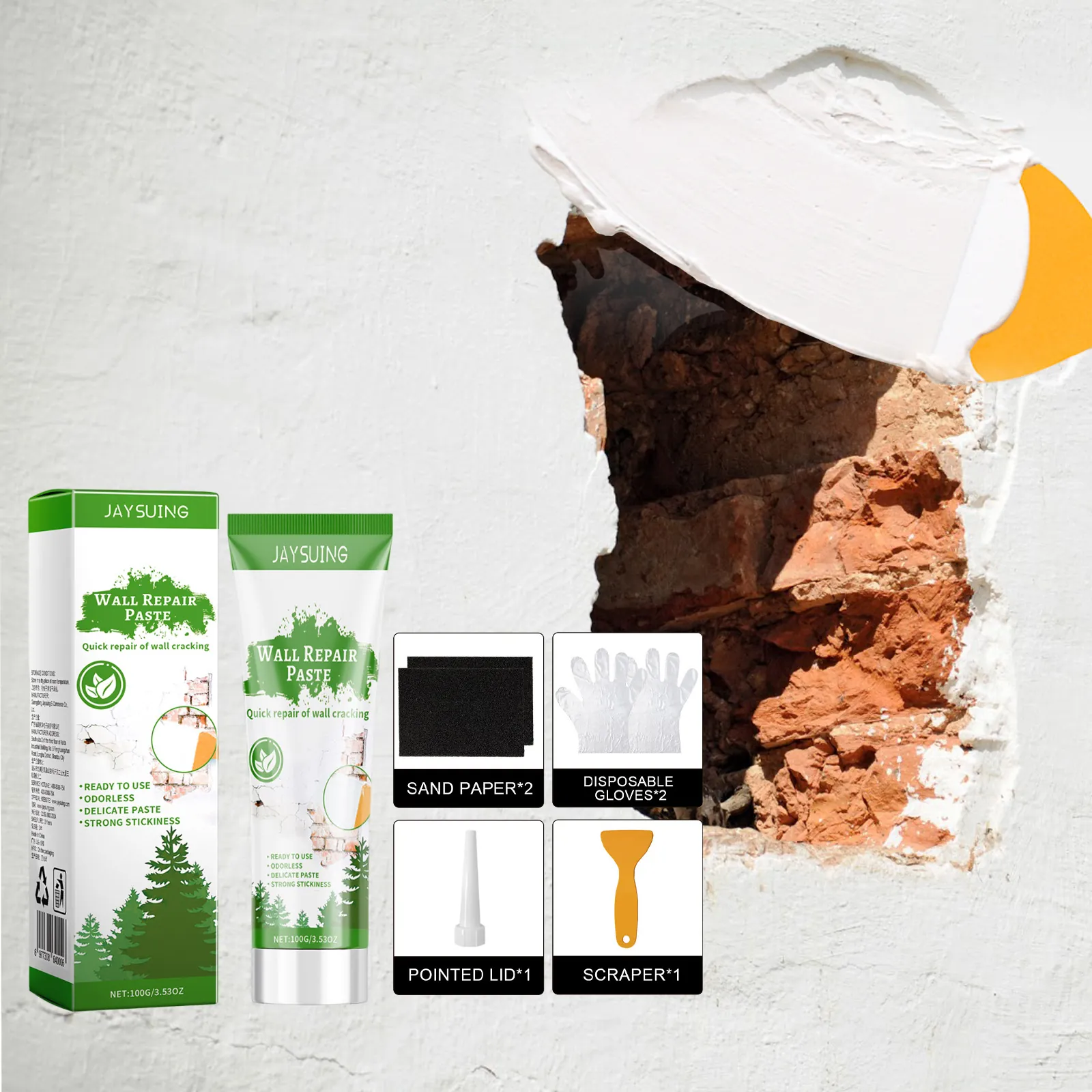 Jaysuing Wall Mending Agent Kit 100g White Wall Repair Ointment with Scraper Sandpaper Gloves for Home Crack Renovation