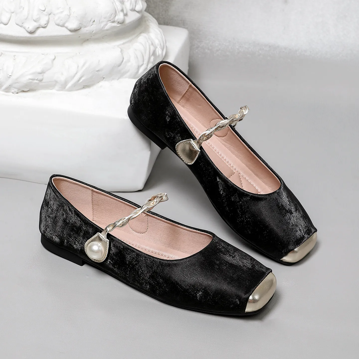 Französischer Stil Quadratische Zehe Mary Jane Flache Schuhe Für Damen Mit Künstliche Perle Metallschnalle Weiche Ballettflachs