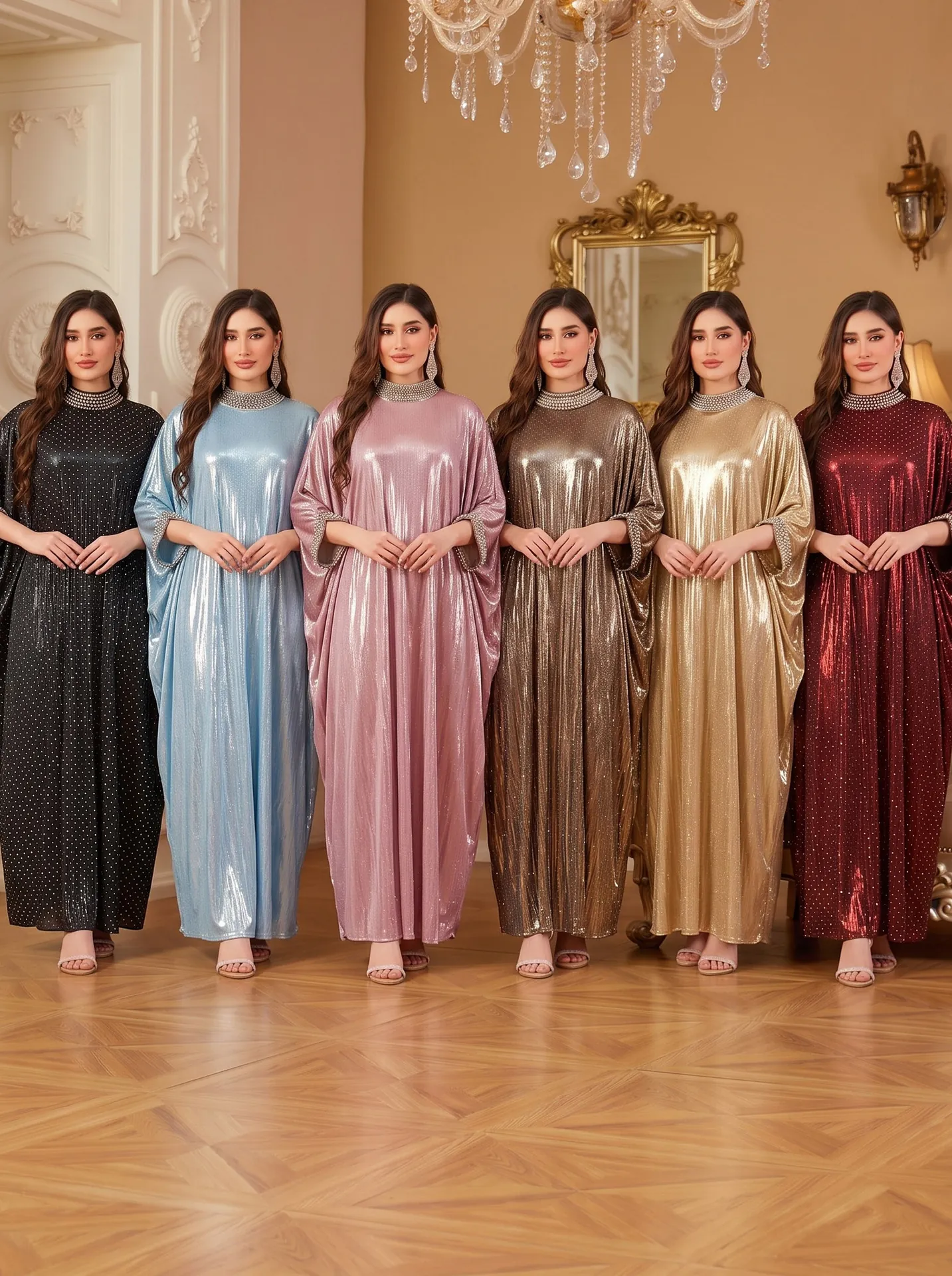 Elegant Kaftan Dress For Women Round Neck Batwing Sleeve Loose Maxi Dress With Rhinestone Embellished Polyester Evening Gown