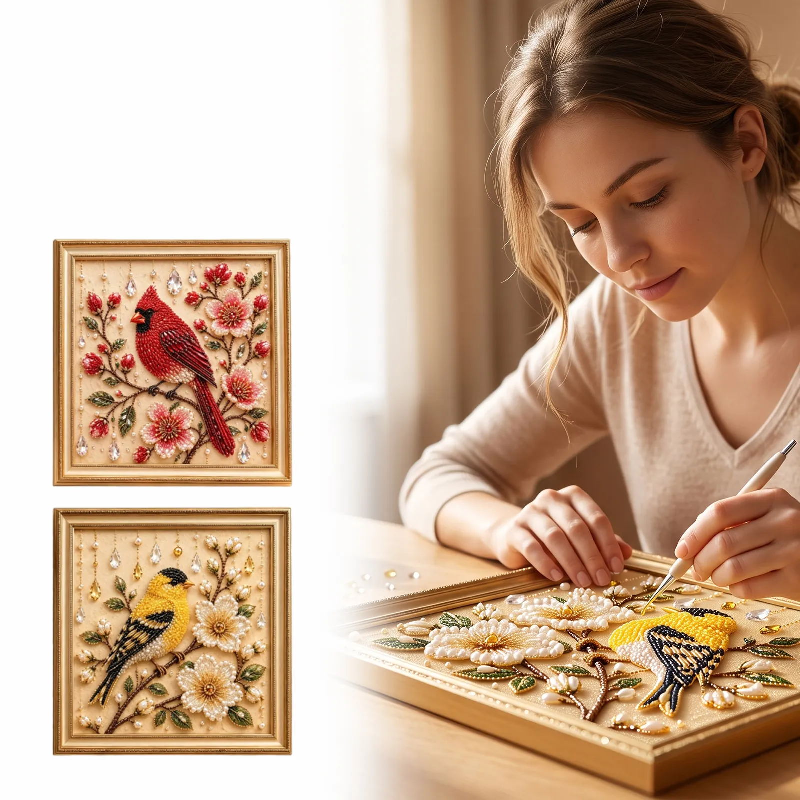 Kit de Arte de Perlas de Animales DIY Pintura de Pájaro 3D Strass Con Marco Dorado Incrustado a Mano Adorno Hogar