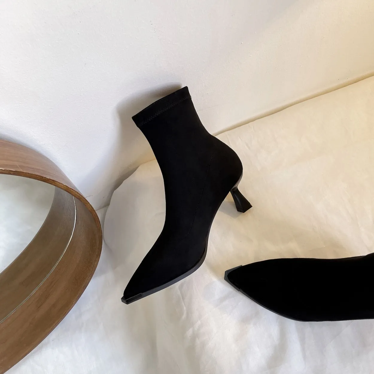 Mode Mikrofaser Spitze Stiefeletten Für Damen Westlicher Stil Elastische Schlanke Stiletto Hochhackige Socken-Stiefel