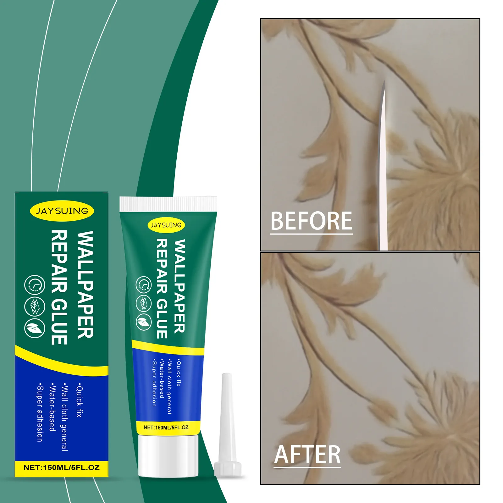 Jaysuing 150ml Colle de Réparation de Papier Peint Fixation Rapide Adhésif à Base d'Eau à Forte Adhérence pour Entretien
