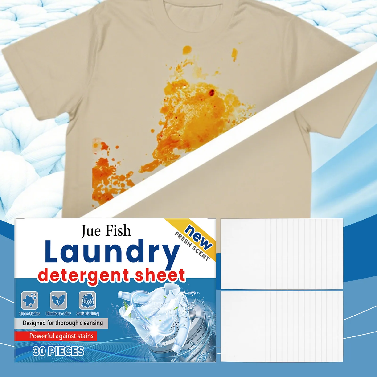 Jue Fish Laundry Detergent Sheets For Deep Cleaning And Fabric Softening Fresh Scent Portable Laundry Soap Sheets