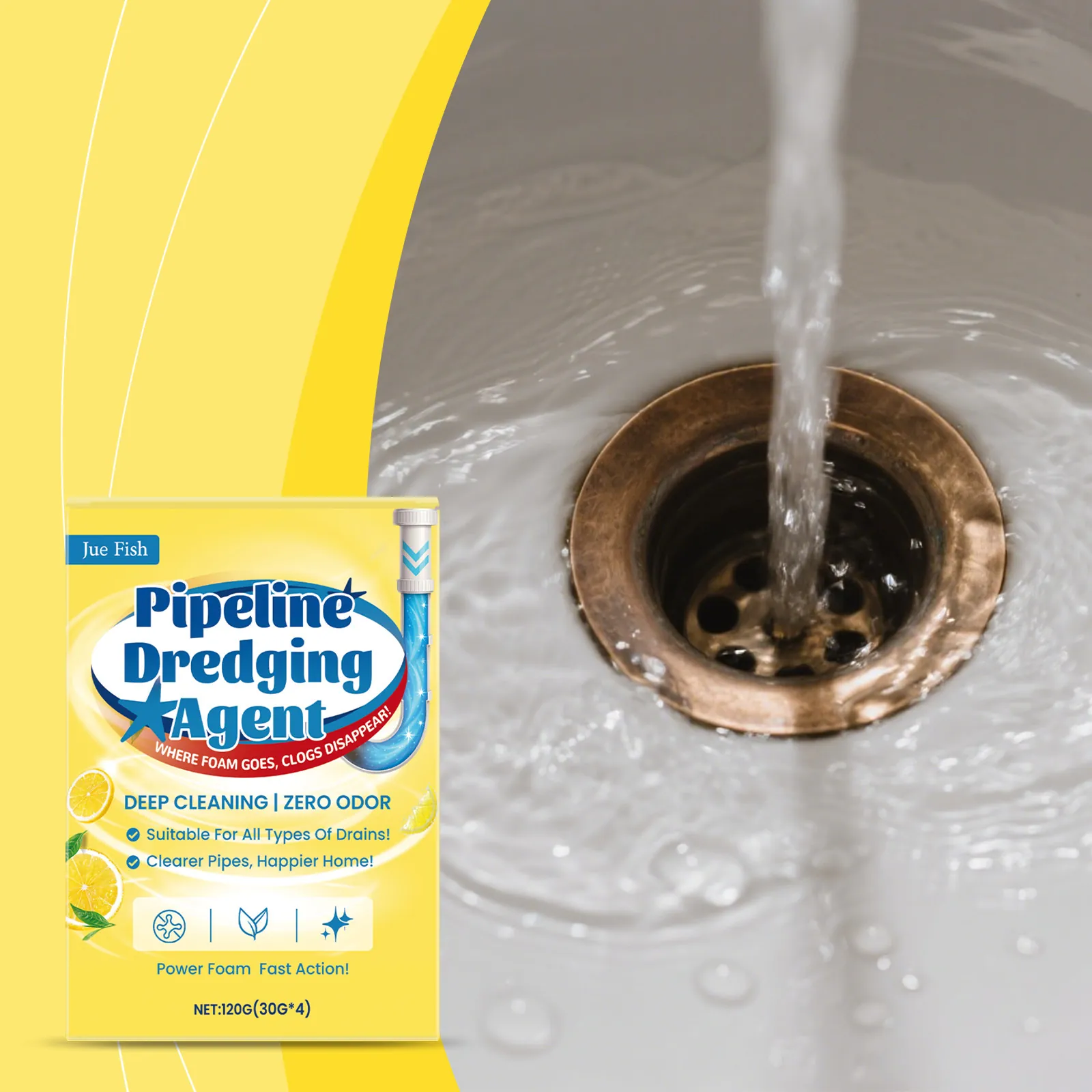 Jue Fish Pipeline Dredging Agent Powder Drain Cleaner For Clog Removal Kitchen Bathroom Sewer Pipe Cleaner With Foaming Action