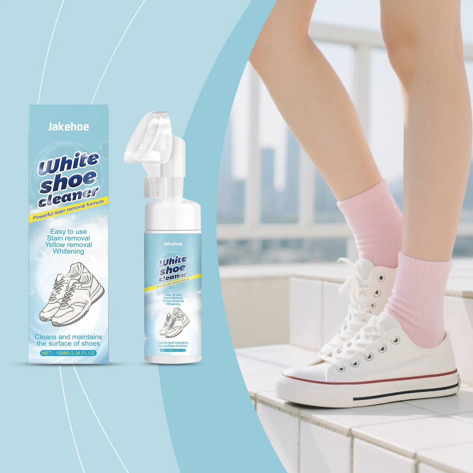 JAKEHOE Nettoyant Chaussures Blanches Mousse Avec Tête de Brosse Intégrée Sans Lavage Mousse Blanchissante Anti Taches Pour Baskets Entretien Cuir