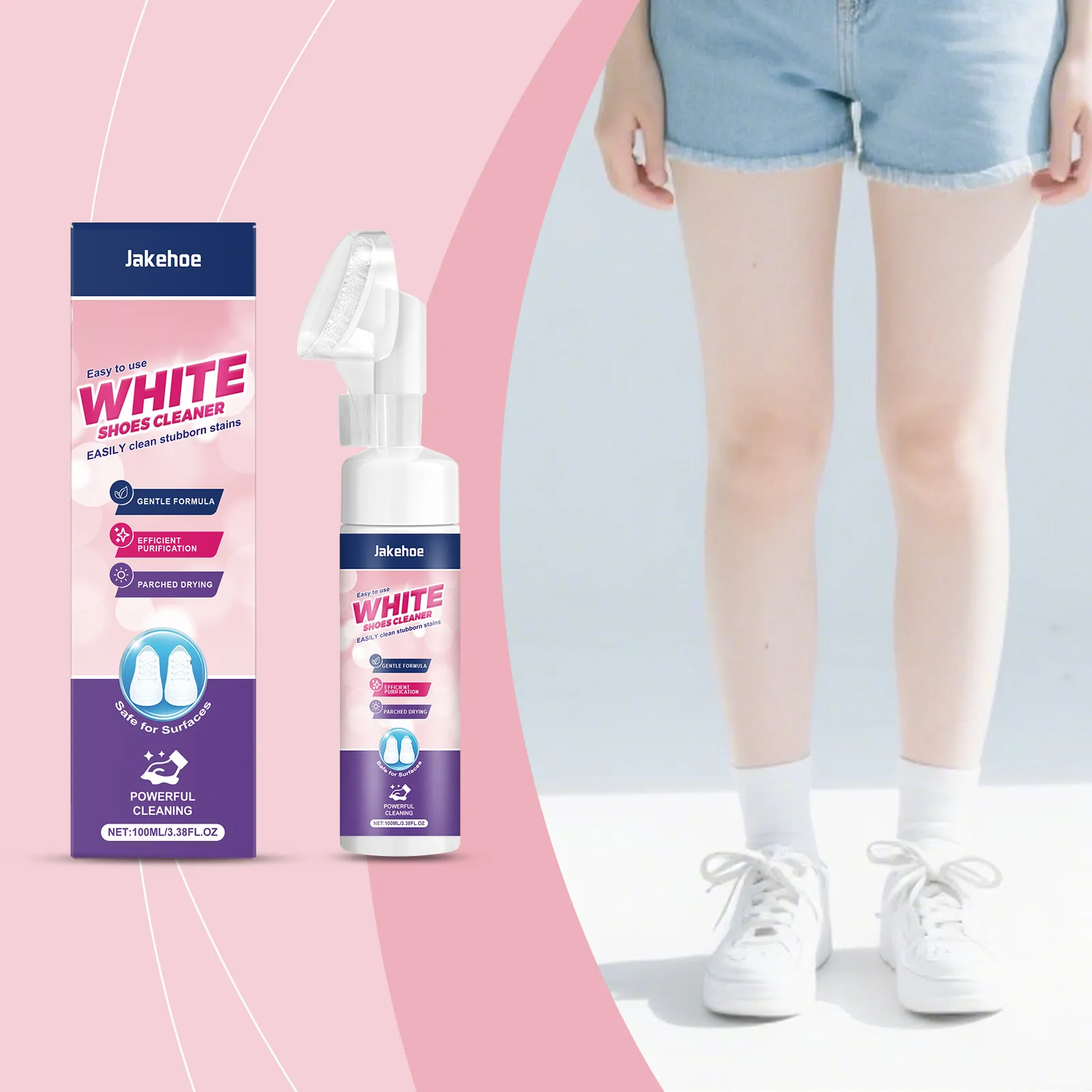 Jakehoe Nettoyant Pour Chaussures Blanches Mousse Nettoyante Sans Rinçage Avec Brosse Intégrée Pour Baskets Toile Cuir Élimine Les Taches Soin