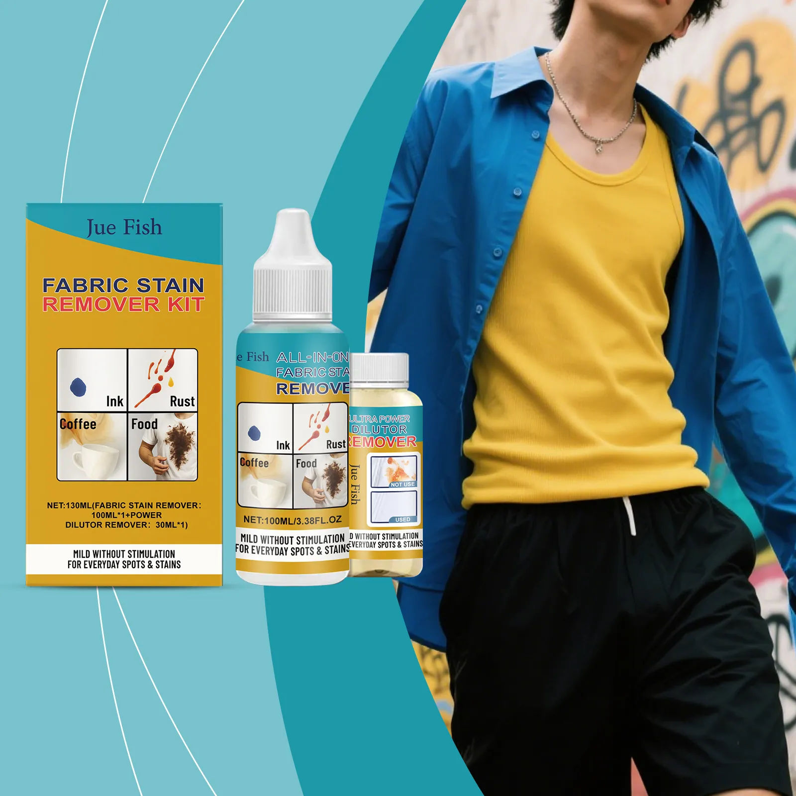 JUE FISH Fabric Stain Remover Kit Mild Formula For Clothes Oil Ink Rust Coffee Stain Cleaner Daily Household Use
