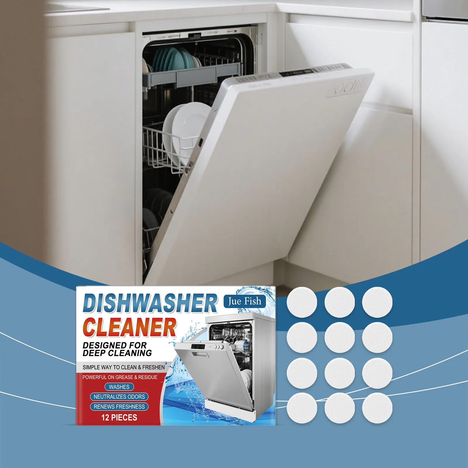 Jue Fish Dishwasher Cleaner Tablets Deep Cleaning Degreaser Descaler Odor Neutralizer For Household Tableware Maintenance