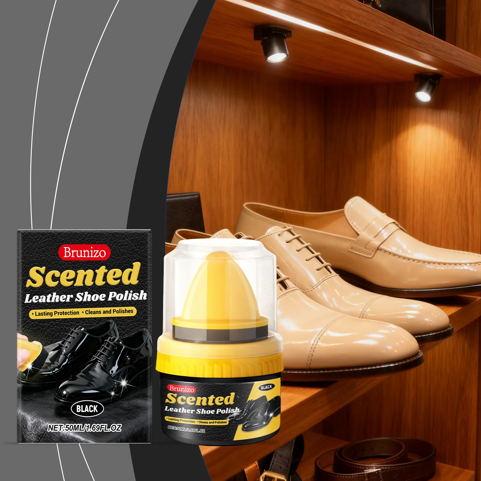 Brunizo Black Leather Shoe Polish Cream For Shine Renewal And Deep Nourishment With Integrated Sponge Applicator