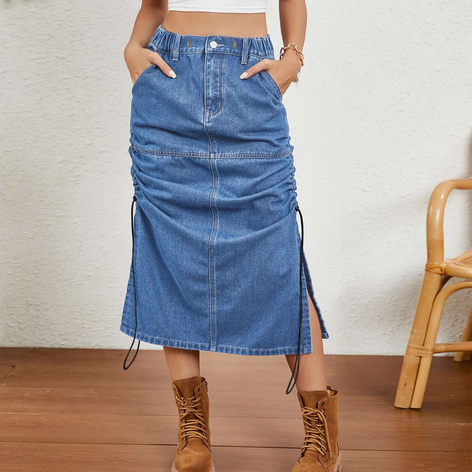 Women Washed Denim Midi Skirt High Waist Elastic Drawstring Side Ruched Slit Cargo Skirt Casual Streetwear Blue Long Skirt