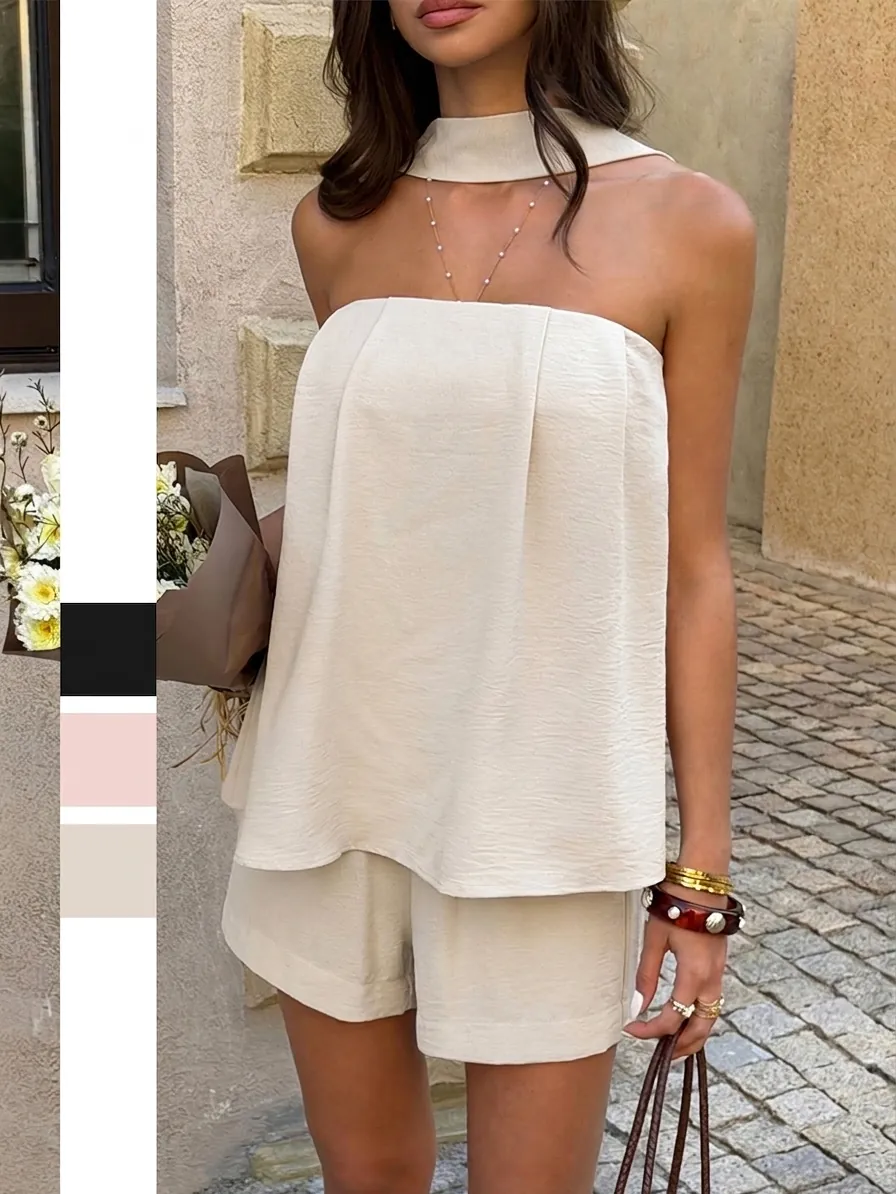 Women Halter Neck Top And Bottom Set Pleated Polyester Sleeveless Two Piece Outfits Summer Vacation Casual Elegant Beachwear