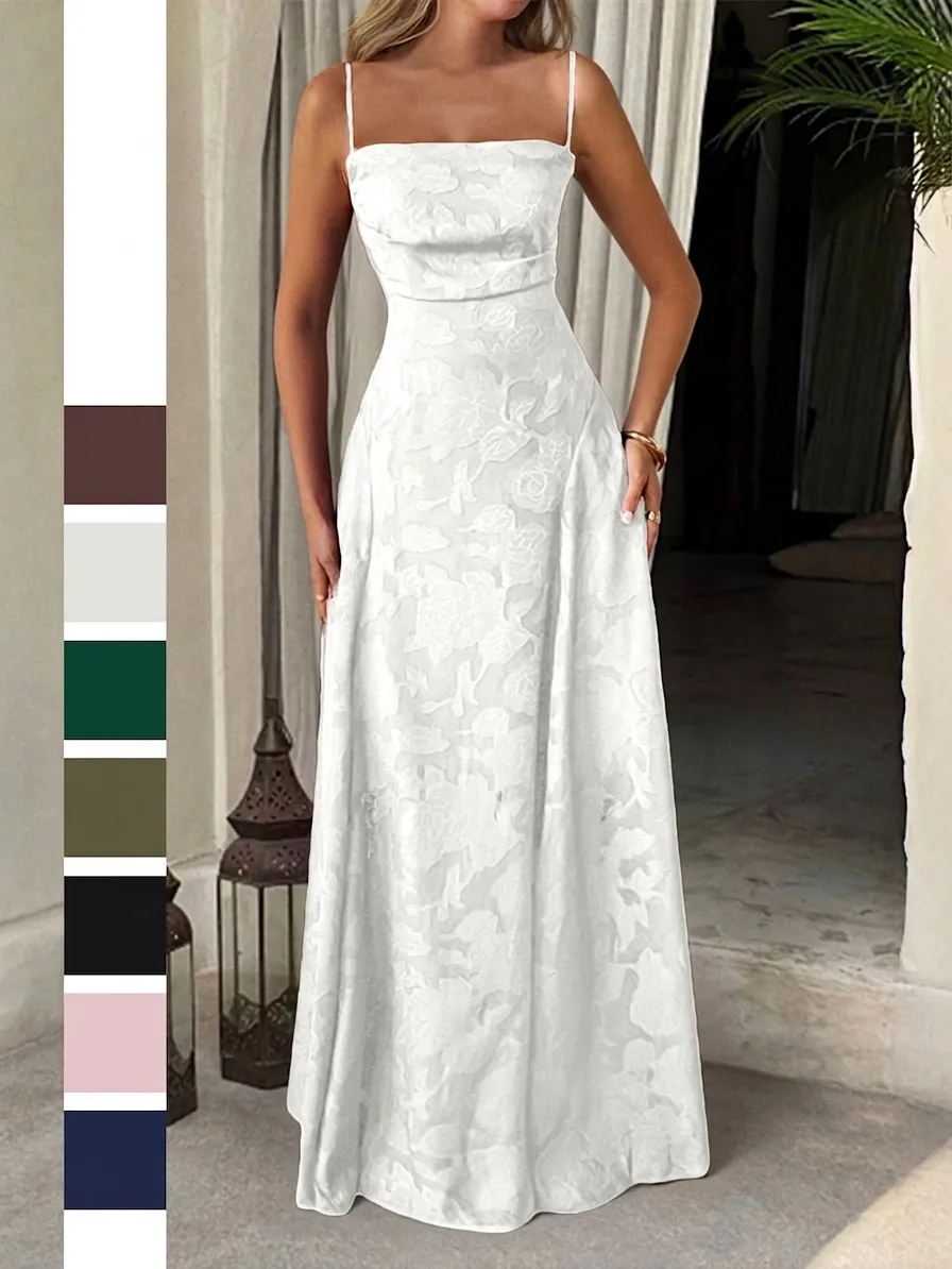 Women Elegant Resort Spaghetti Strap Maxi Dress Floral Jacquard A-Line Evening Party Long Dress