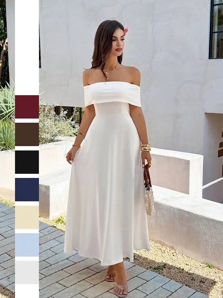 French Elegant Off The Shoulder Maxi Dress Women Sexy Solid Color A-Line Evening Formal Gown Sleeveless Polyester Spandex Dress