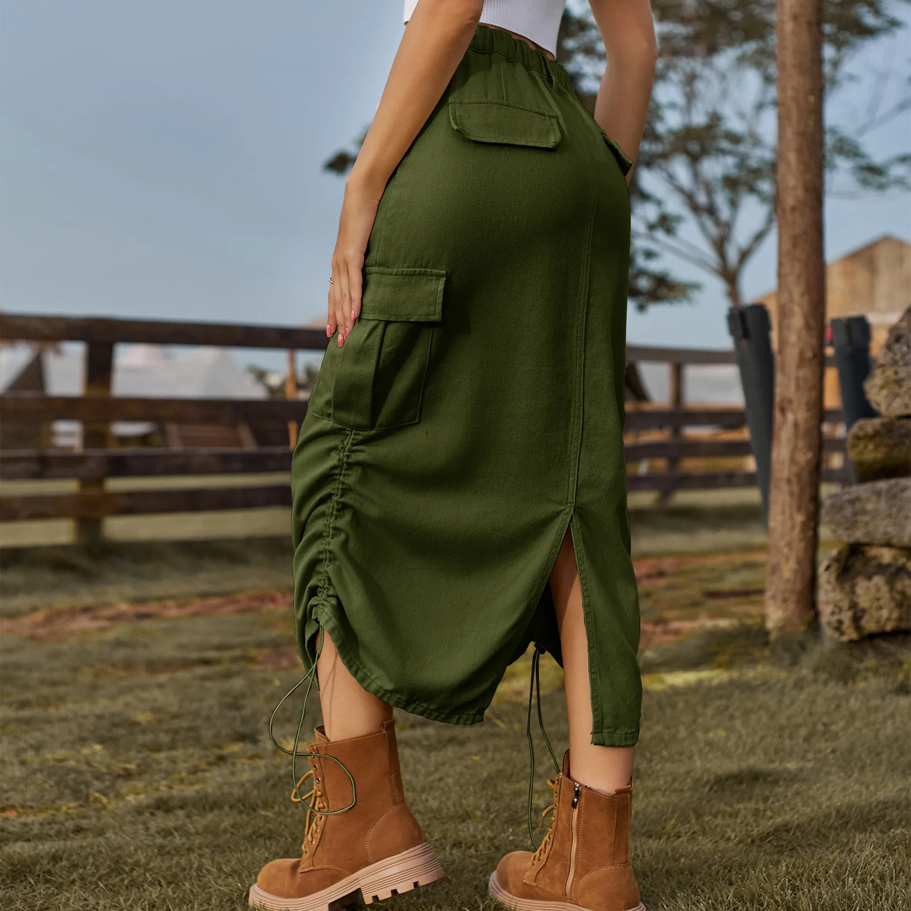 Women American Style Cargo Denim Skirt Drawstring Midi Skirt With Pockets Washed Casual Streetwear Skirt For Women