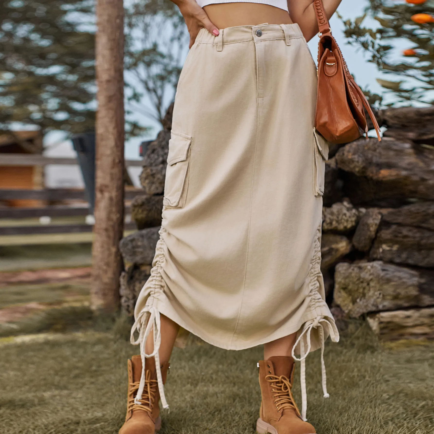Women High Waisted Cargo Denim Midi Skirt With Pockets And Adjustable Drawstring Streetwear Casual Stone Washed Straight Skirt