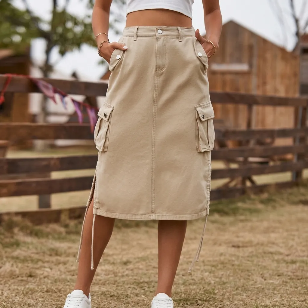 Women Cargo Midi Skirt Washed Denim Rayon Skirt With Pocket Drawstring Side Slit Casual Streetwear Fashion Long Bottoms