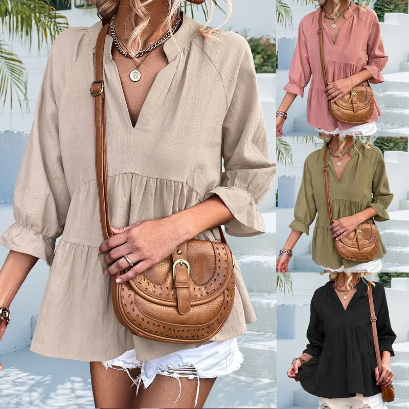 Camicetta Peplum in Cotone Casual da Donna Scollo a V con Volant Top Manica Corta a Lanterna Camicia Larga Moda Primavera Estate