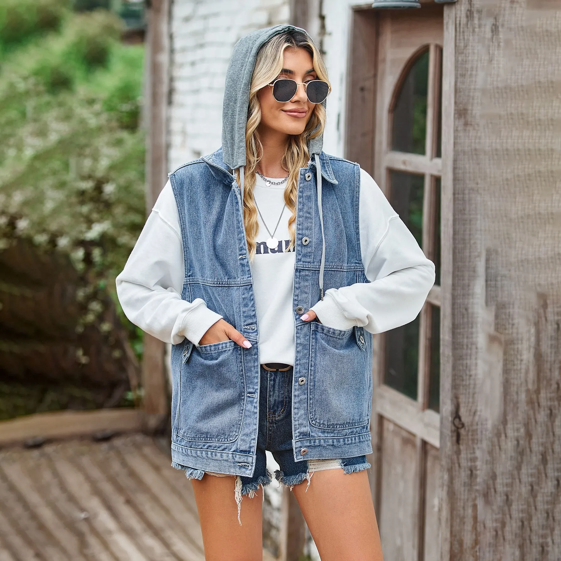 Women Oversized Denim Vest Casual Sleeveless Jacket With Pockets Loose Streetwear Waistcoat Mid-Length Distressed Denim Top