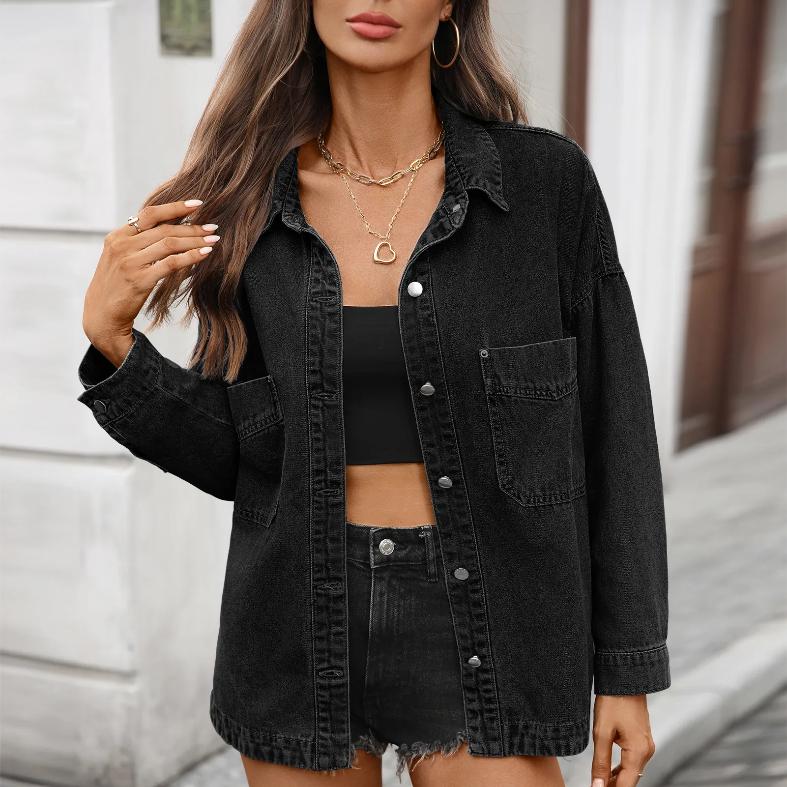 Women Retro Washed Denim Shirt Long Sleeve Oversized Casual Button Down Top With Split Hem Early Autumn Streetwear Polyester Blouse
