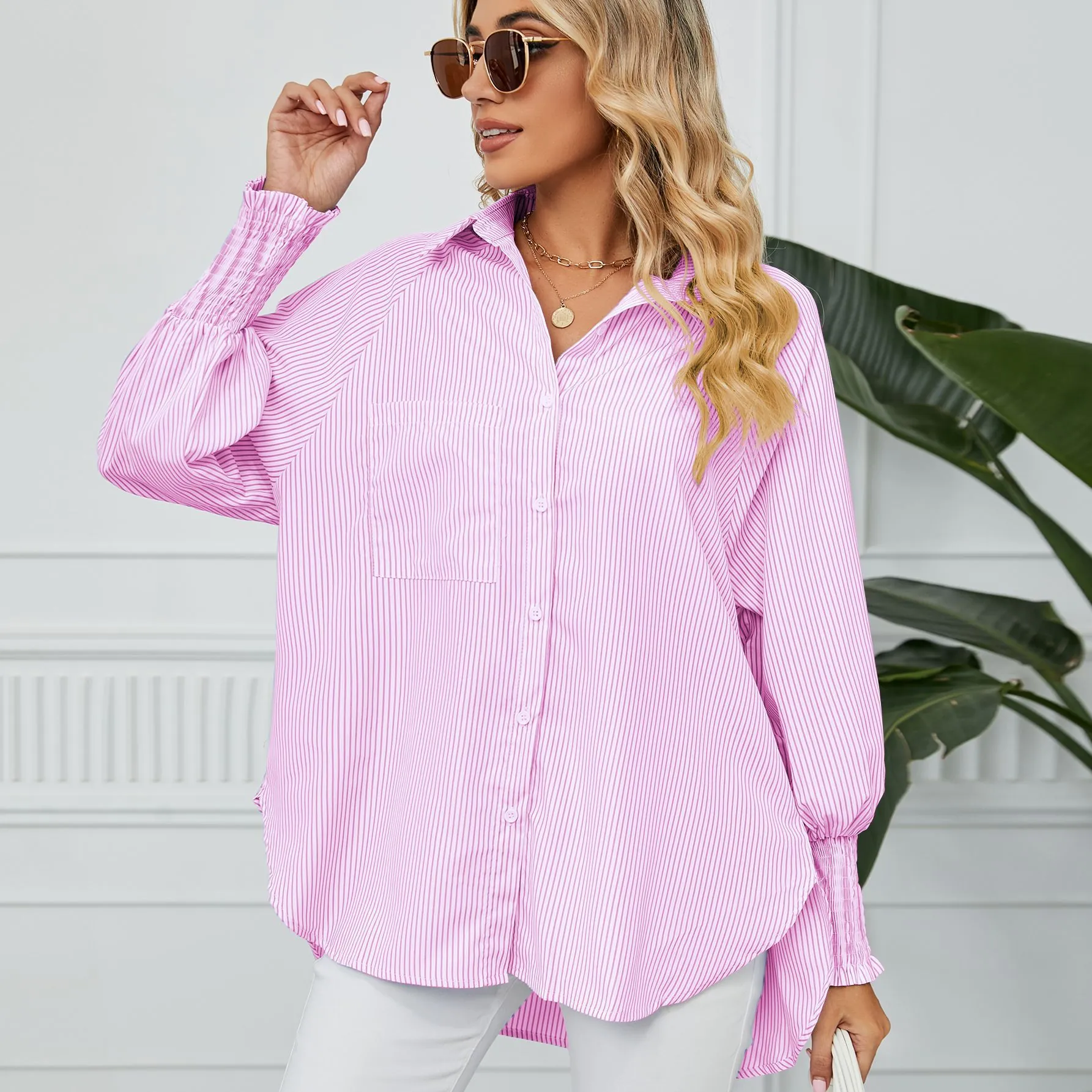 Chemisier Décontracté à Rayures pour Femmes Poignets Smockés Boutonné Manches Longues Blouse Oversize Rayures Verticales Top