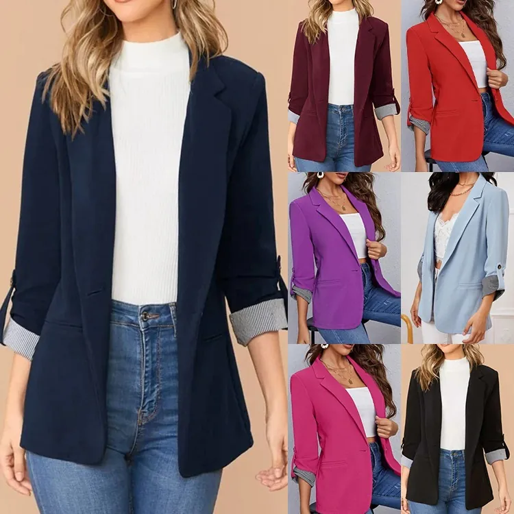 Blazer Donna Vestibilità Aderente Revers Classico Manica a Tre Quarti Polsini a Righe Aperto Davanti Casual Professionale Giacca da Ufficio Tinta Unita Elegante