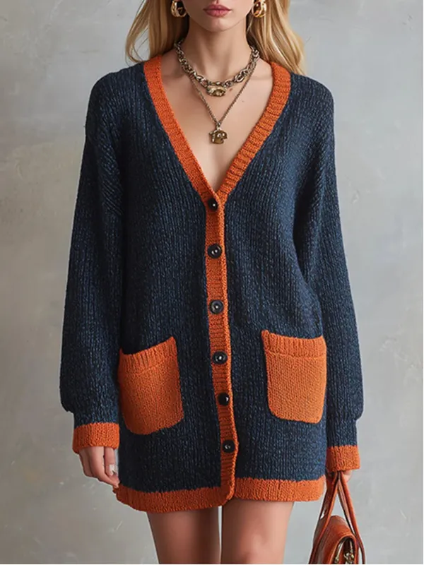 Women V-Neck Knitted Cardigan Oversized Color Block Long Sleeve Sweater Coat With Buttons Navy Blue Orange Loose Outerwear