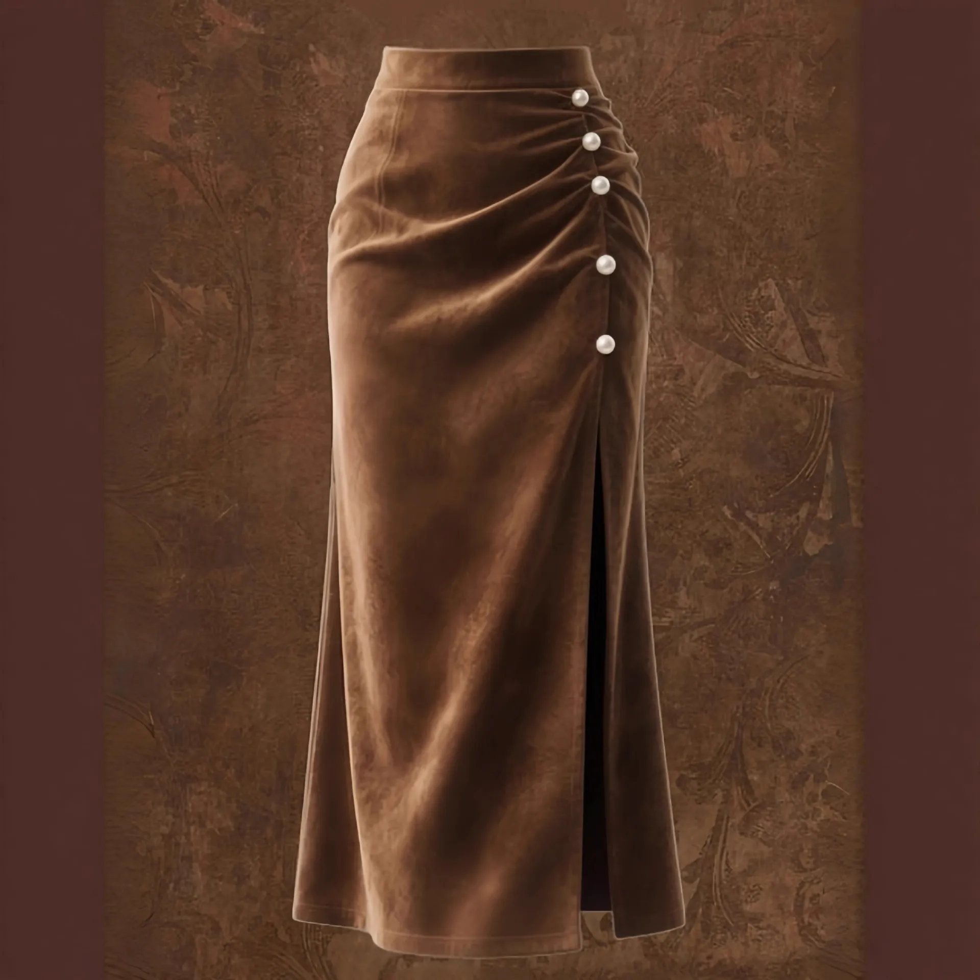 Women Retro Suede Midi Skirt High Waist Slim Bodycon Hip Skirts Decorative Pearl Buttons Side Split Temperament Pencil Skirt