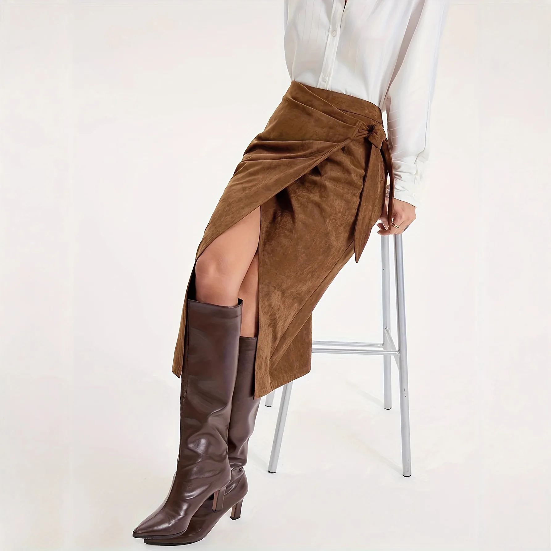 Women Elegant Faux Suede Wrap Midi Skirt With Tie Waist Solid Color Front Slit High Waist Vintage Retro Office Skirts