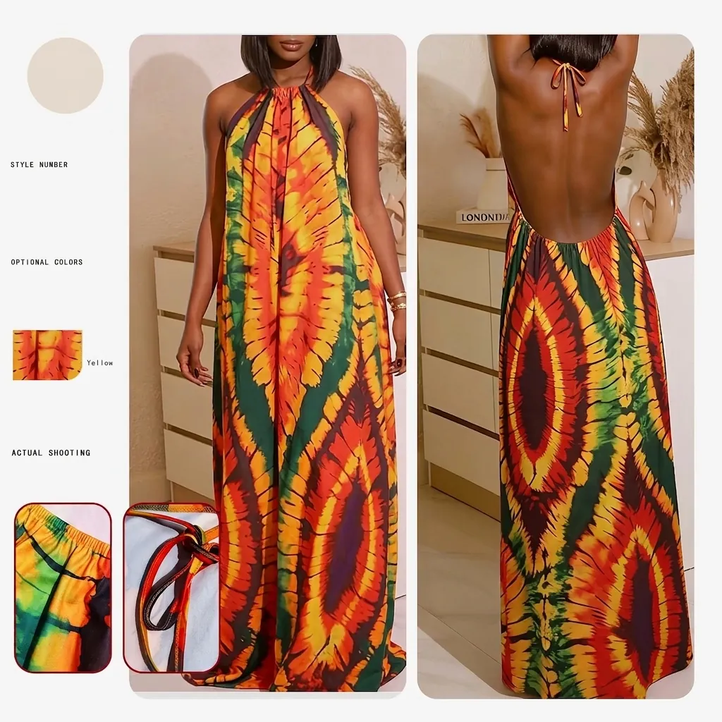 Women Bohemian Halter Neck Backless Dress Loose Maxi Tie Dye Printed Vacation Dress