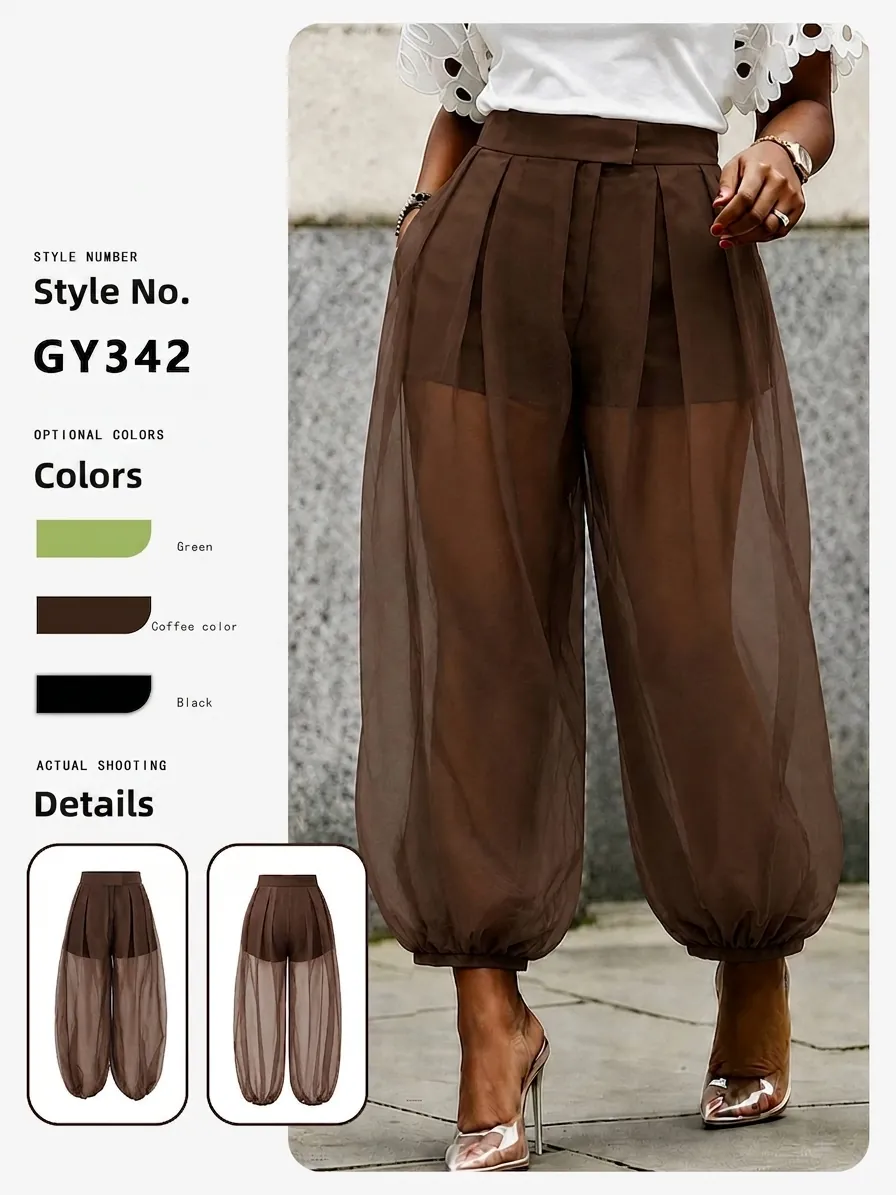 Women High Waist Mesh See-Through Wide Leg Pants Summer Casual Streetwear Lantern Bottoms With Inner Shorts Polyester Spandex