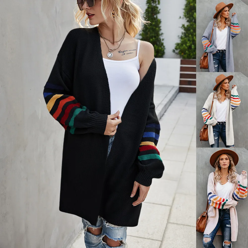 Gilet en Maille pour Femme en Polyester à Rayures Arc-en-ciel Patchwork Pull Décontracté à Manches Longues et Coupe Ample