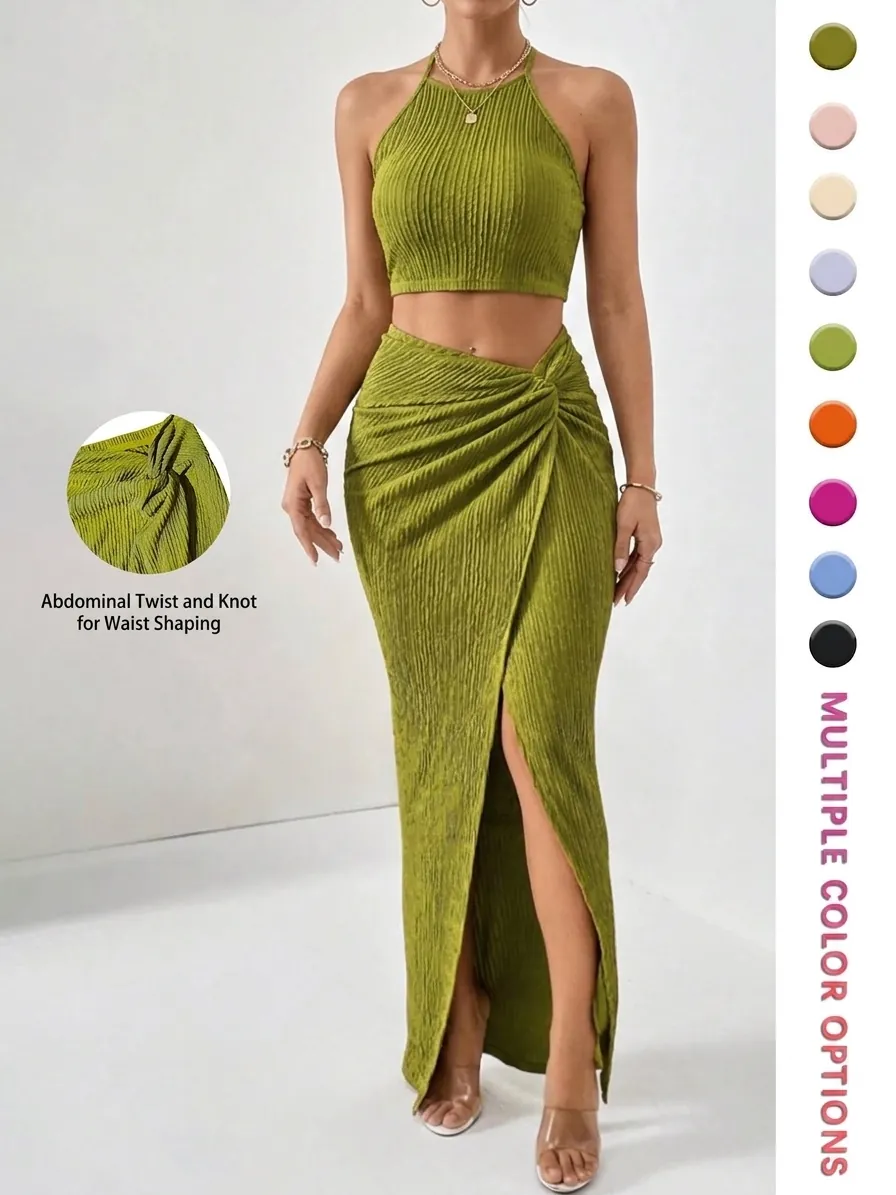 Women Elegant Halter Crop Top And Slit Maxi Skirt Top And Bottom Set Pleated Polyester Spandex Outfits Vacation Suits