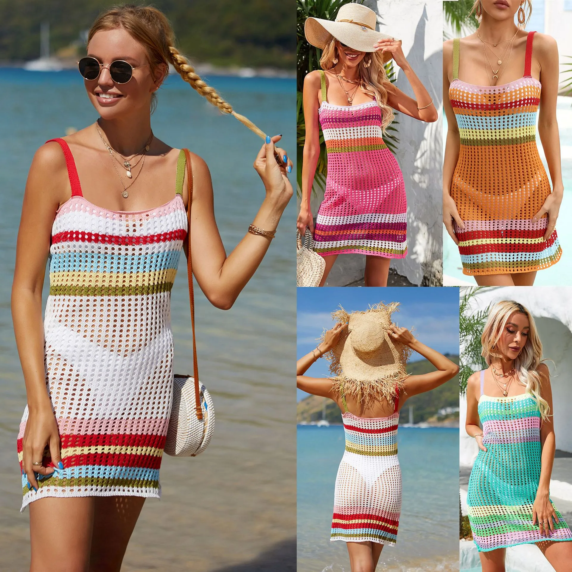 Women Summer Crochet Striped Beach Cover Up Hollow Out Backless Cami Dress Colorful Patchwork Bikini Smock For Vacation
