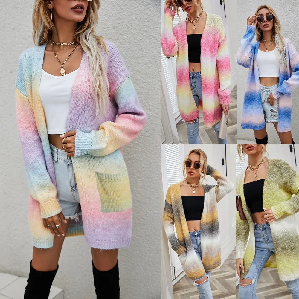 Women Casual Rainbow Tie-Dye Long Sleeve Knitted Cardigan Sweater Loose Mid-Length Open Front Outwear With Pockets