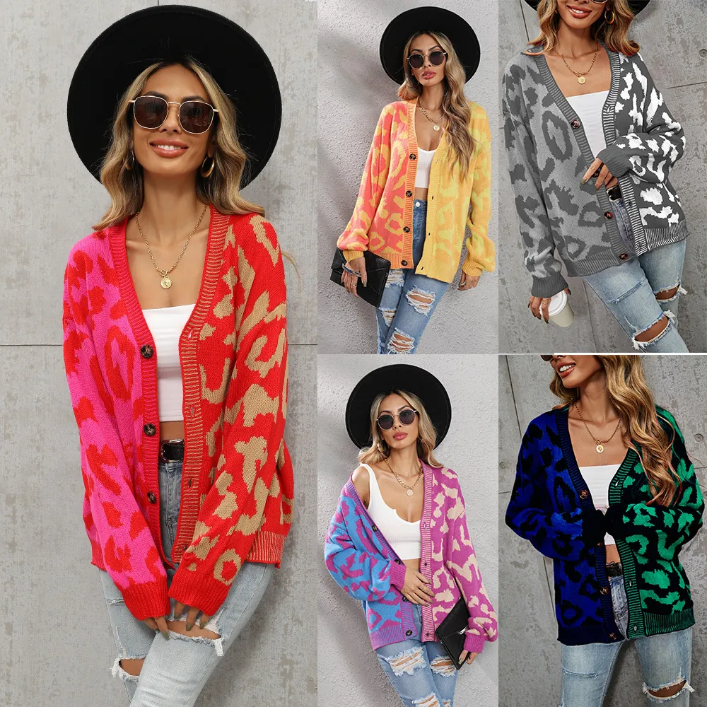 Damen Leopard Patchwork V-Ausschnitt Strickjacke Übergroße Laternenärmel Knopf Pullover Locker Lässige Winter Warme Top