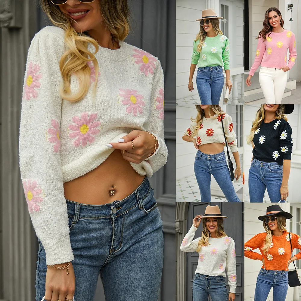 Women's Daisy Floral Knitted Sweater Polyester Cropped Top Crewneck Long Sleeve Jacquard Streetwear Pullover Casual Outwear