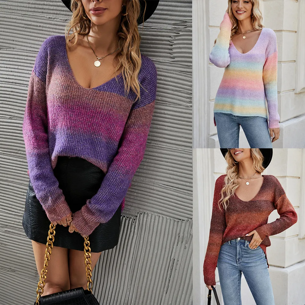 Women V Neck Tie Dye Gradient Knit Sweater Pullover Irregular Hem Long Sleeve Casual Loose Knitwear Top